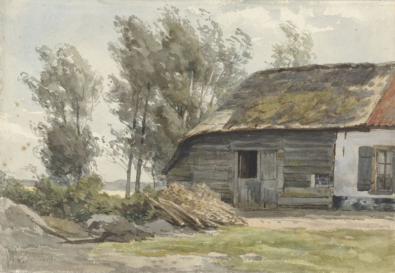 Landscape depicting a farmhouse and fields, oil painting by Jan Willem van Borselen