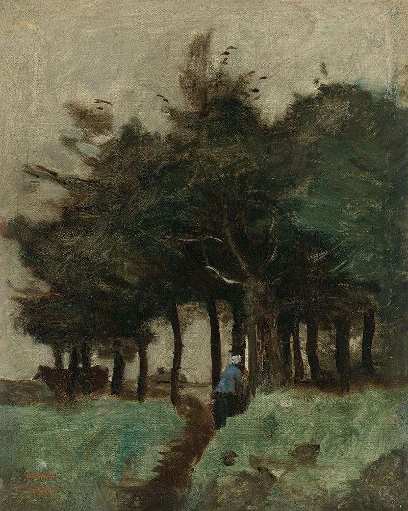 Paisaje con árboles y un sendero, pintura al óleo de Jean-Baptiste-Camille Corot