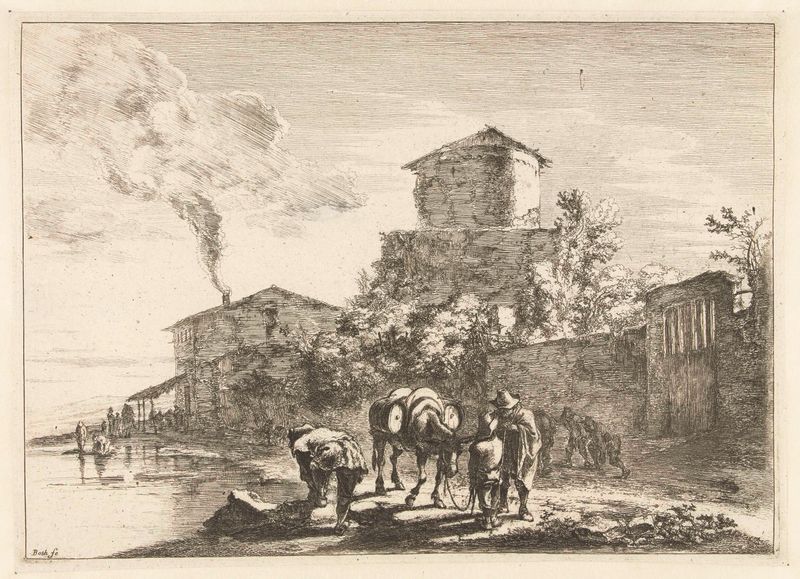 Etching by Jan Both depicting travelers and a mule on the Via Appia