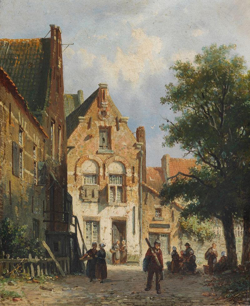 Genre scene with townsfolk conversing, oil painting by Adrianus Eversen