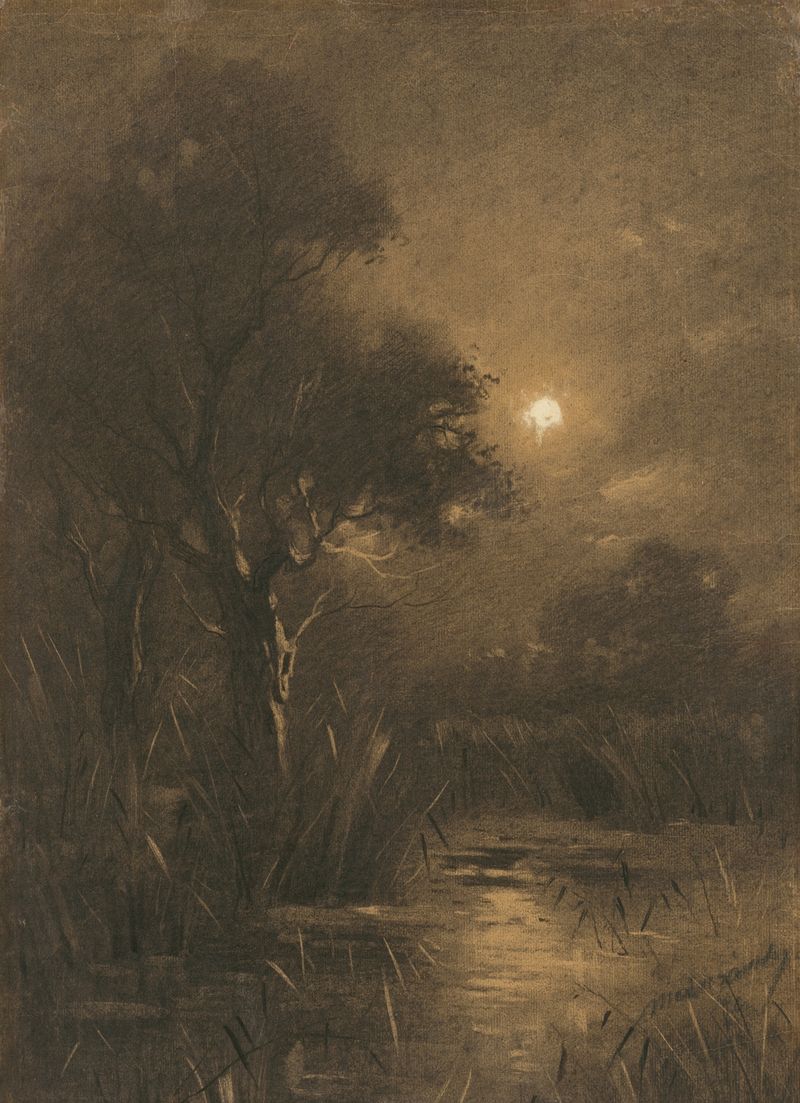 Evening Landscape by Ladislav Mednyánszky, oil painting depicting a serene twilight landscape.