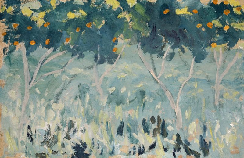 Orange Trees de Ernst Schiess, óleo sobre tela, retratando árvores laranjas vibrantes e uma paisagem serena.