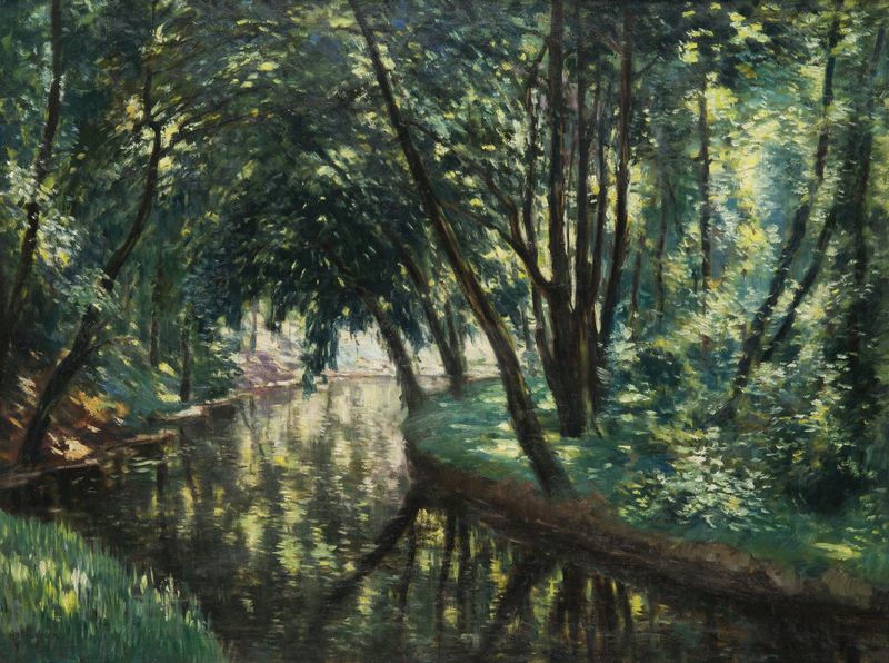 A Forest Still Life by Antonín Hudeček, oil on canvas depicting a tranquil forest scene.