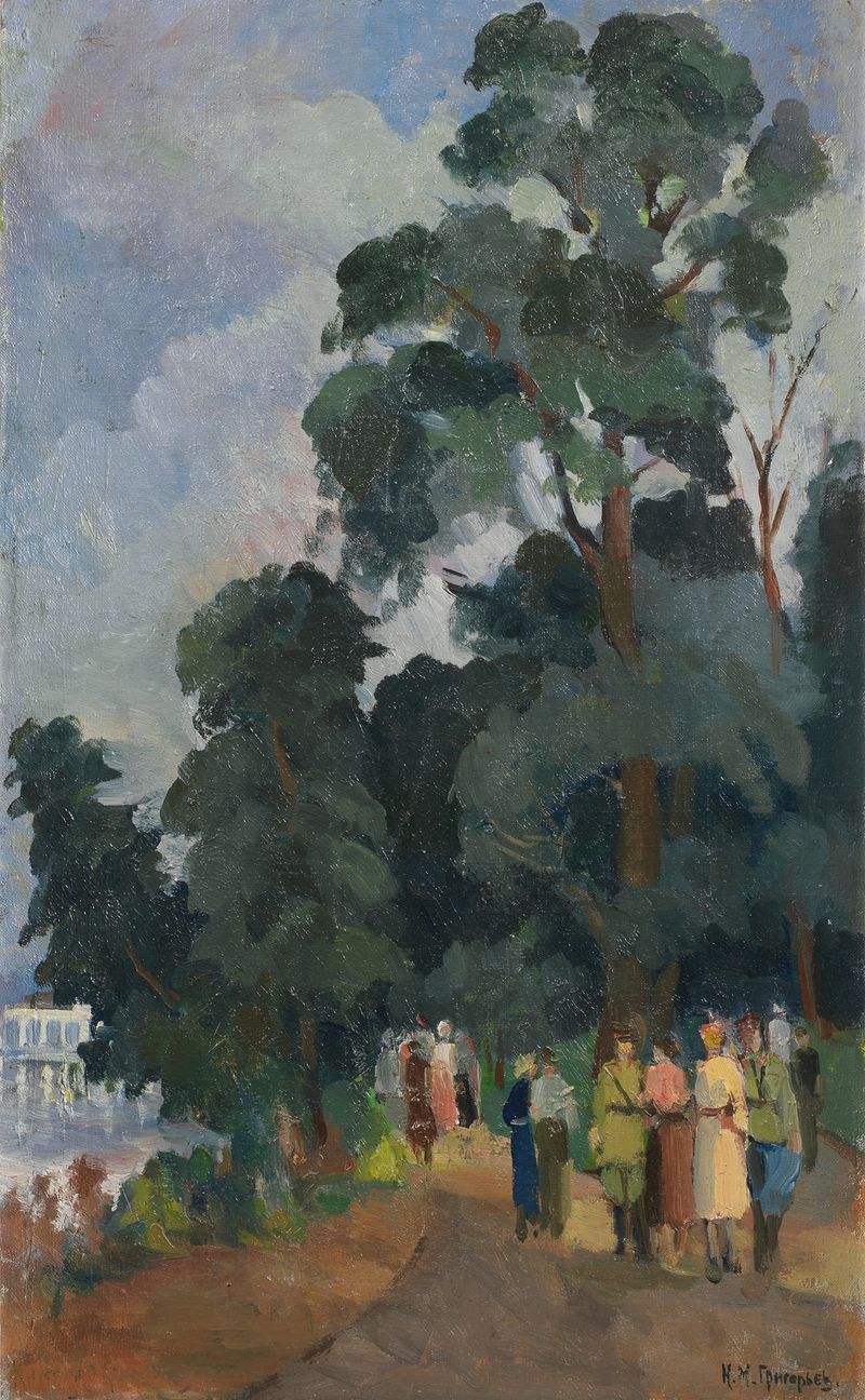 Paisaje de un estanque al amanecer con flores silvestres, pintura al óleo de Nikolai Mikhailovich Grigoriev
