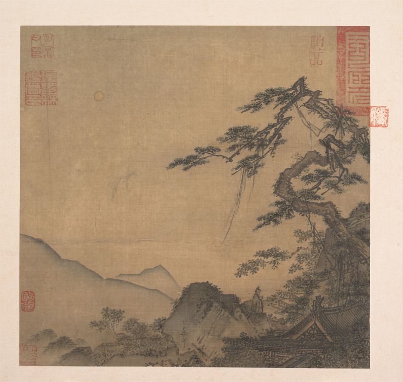 Landscape with Great Pine by Ma Lin, ink on silk depicting a majestic pine tree.
