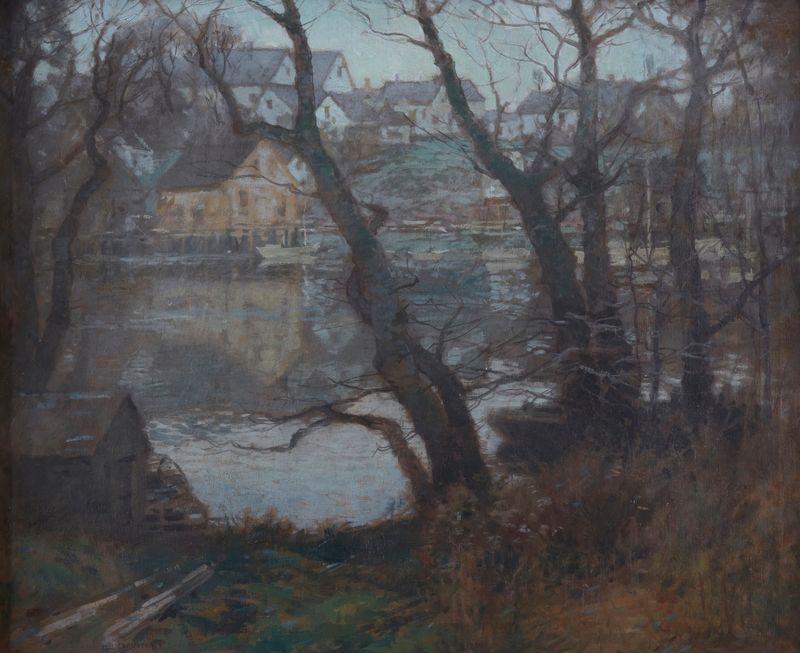 Landscape of New England Town by Paul Cornoyer, oil on canvas depicting a tranquil village at twilight.