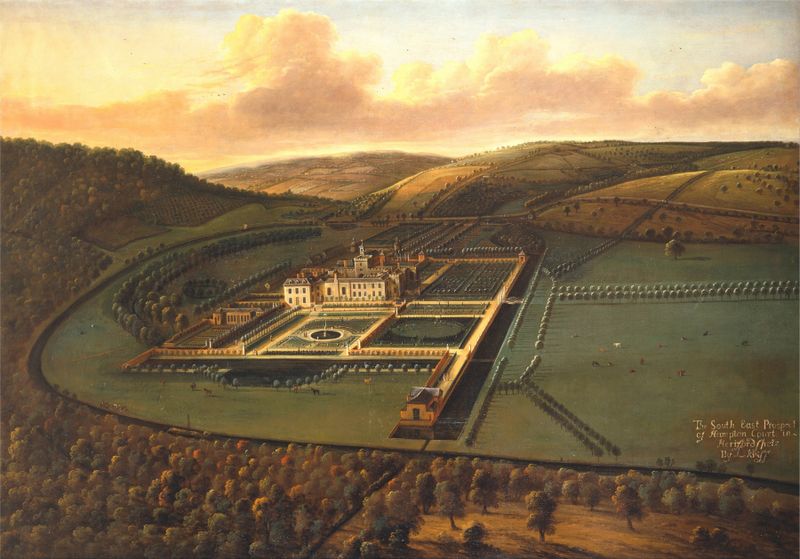 Gravura de Hampton Court por Leonard Knyff, mostrando arquitetura e paisagem.