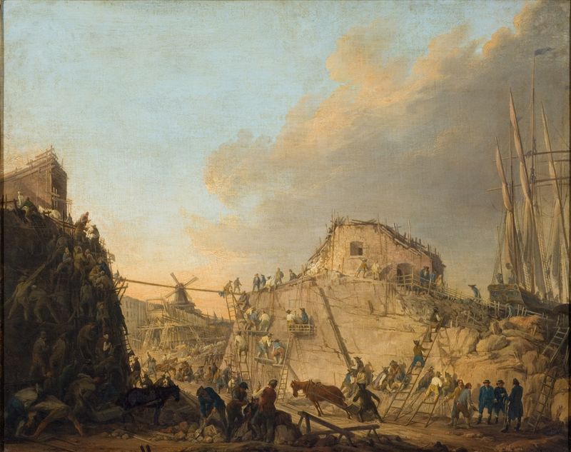 The Dock at Sveaborg by Elias Martin, oil on canvas depicting serene waters and dawn reflections.