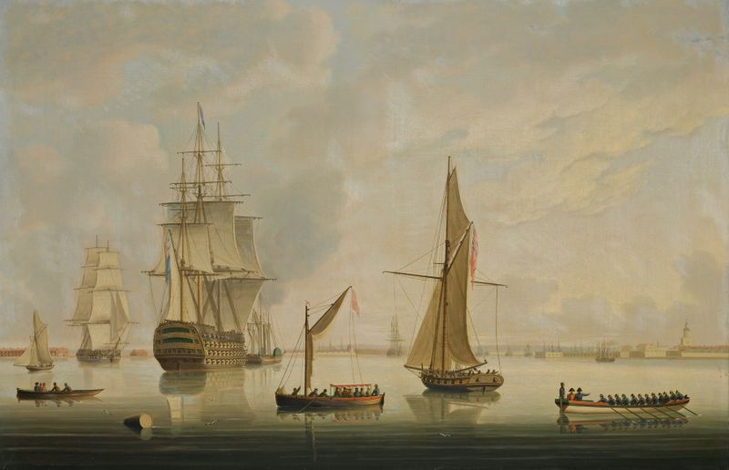 A British man-of-war and steam tug in Portsmouth Harbour by Thomas Buttersworth, oil painting