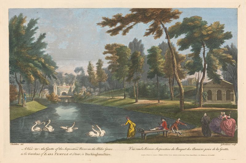 A landscape featuring a grotto and river by George Bickham the Elder