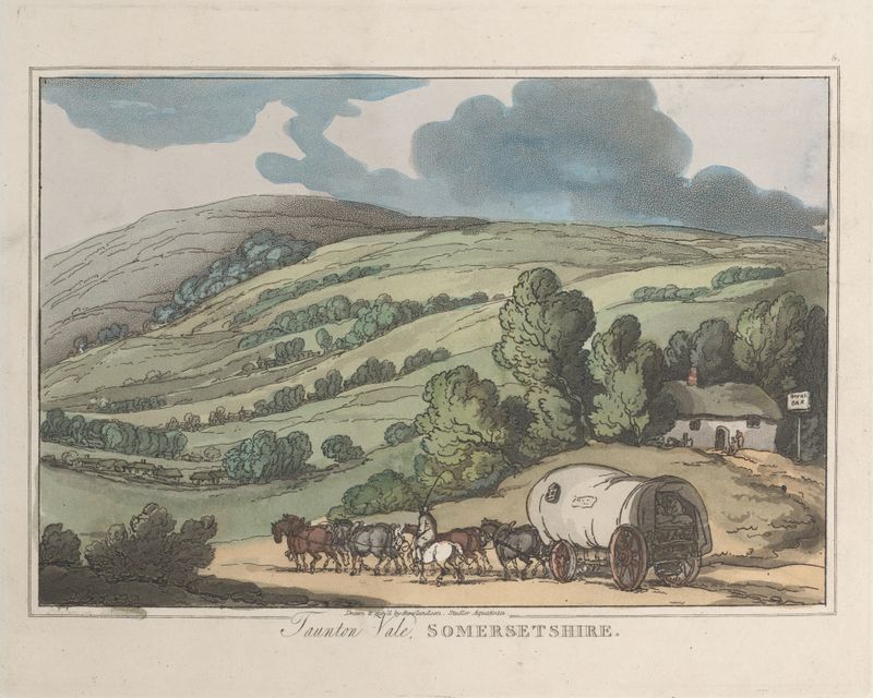 Taunton Vale, Somersetshire by Thomas Rowlandson, watercolor on paper depicting rolling hills and a village.