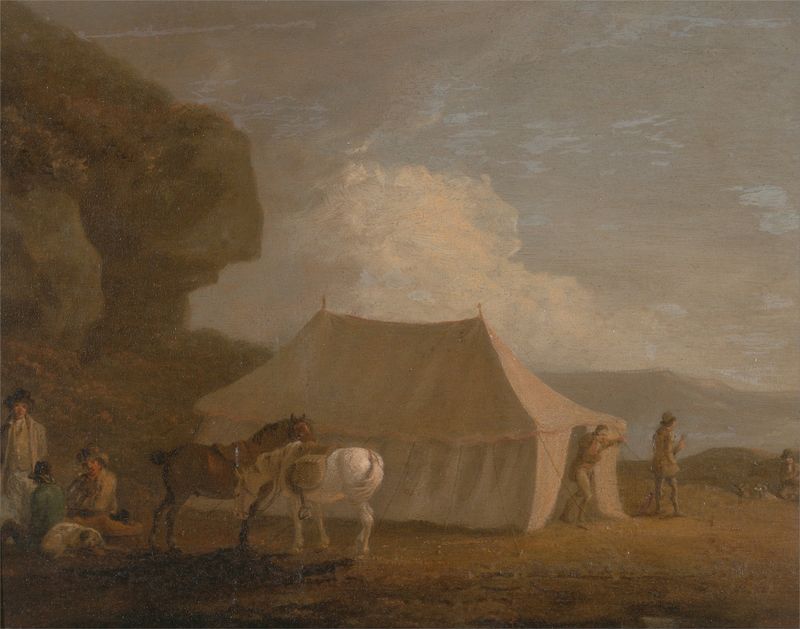 Genre scene depicting figures in twilight by Julius Caesar Ibbetson, unknown medium.