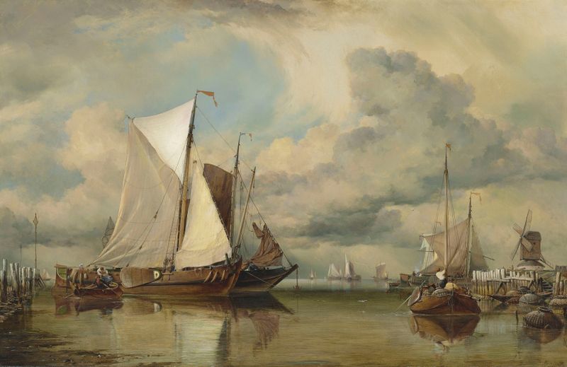 Calm on Zuider Zee de Edward William Cooke, óleo que retrata barcos de pesca em águas tranquilas.