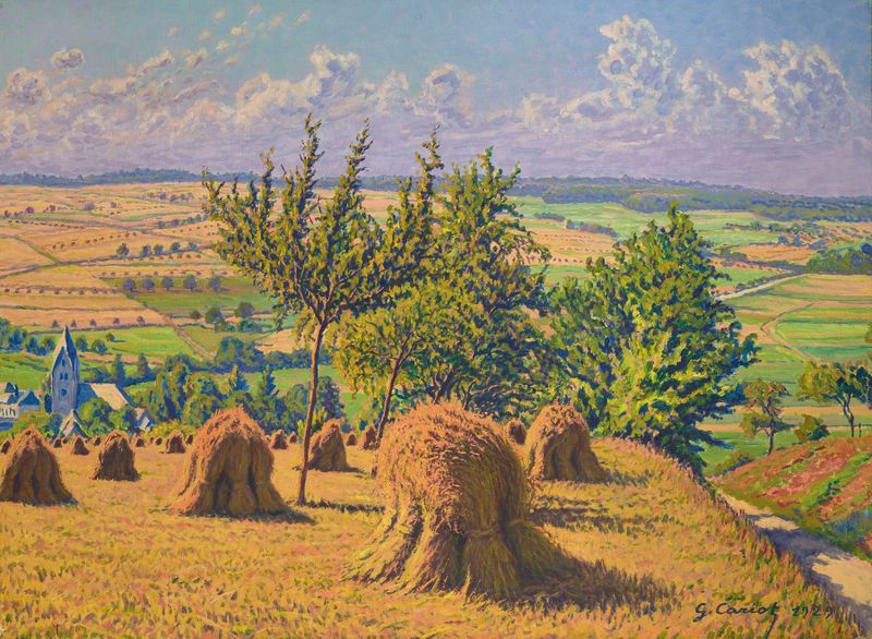 Landscape of golden wheat at dawn, oil on canvas by Gustave Cariot