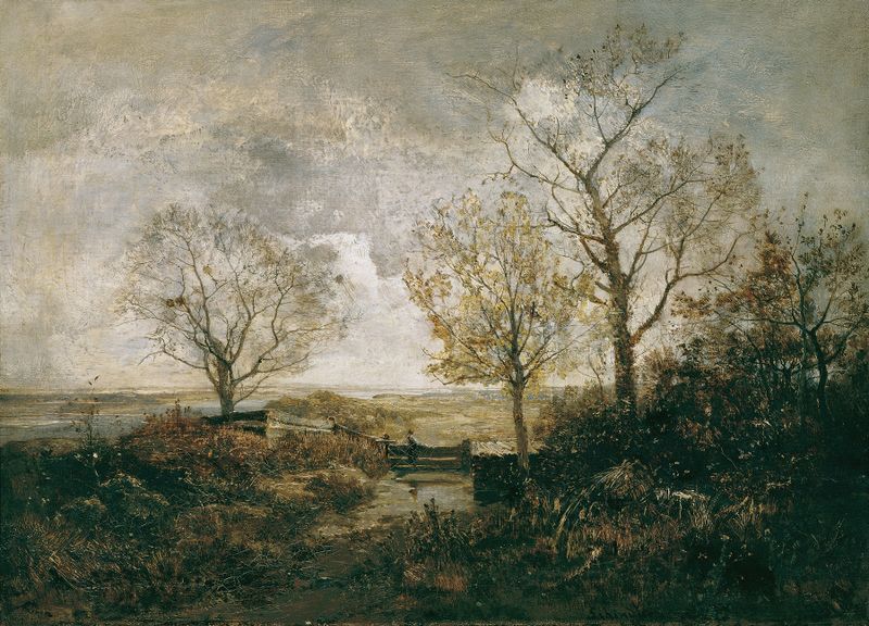 Paisaje de otoño con río y hojas, pintura al óleo de Emil Jakob Schindler