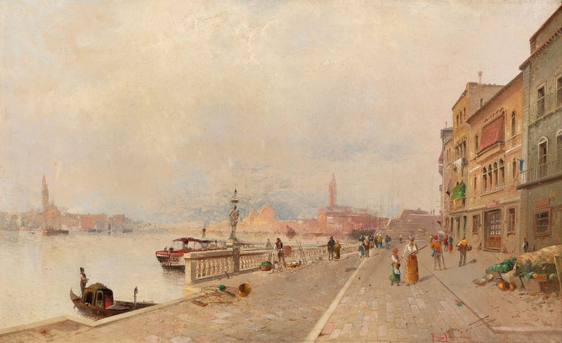 Escena marina de la laguna veneciana de Karl Kaufmann, pintura al óleo