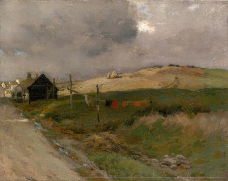 Paisagem de Jean Charles Cazin, impressionismo, retratando colinas onduladas e vegetação exuberante.