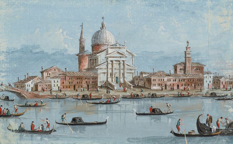 The Church of the Redentore by Giacomo Guardi, oil painting, featuring a church reflecting on the canal