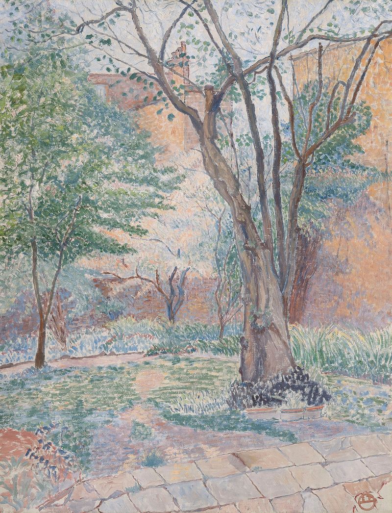 Landscape with a nut tree and sunlight, oil on canvas by Lucien Pissarro