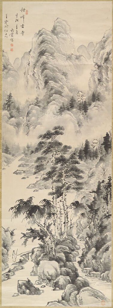 Paisaje con una figura caminando por un camino hacia un antiguo templo de montaña, tinta sobre papel de Yi Myŏn-ku