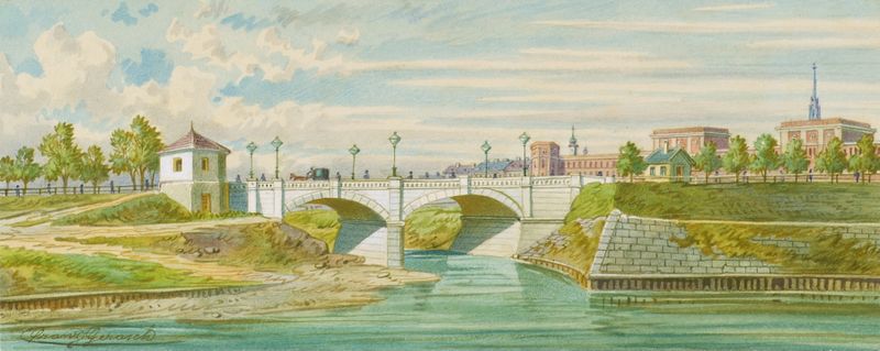 Die Radetzkybrücke über den Wienfluss mit seiner Ausmündung in die Donau, oil painting by Franz Gerasch