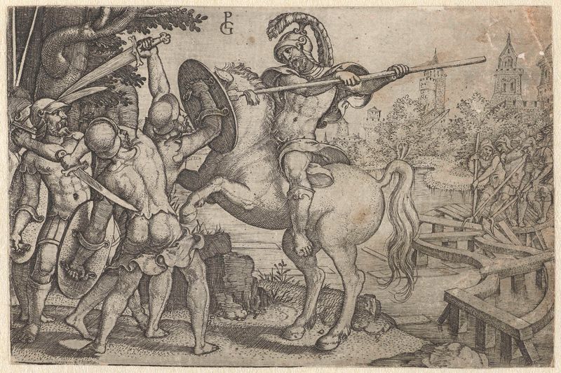 Horatius Cocles verdedigt de brug over de Tiber grabado de Georg Pencz, que muestra una figura heroica defendiendo un río.