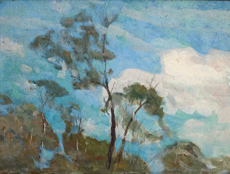 Céu de Teresópolis de Eliseu Visconti, óleo sobre lienzo que representa un paisaje crepuscular con montañas y cielo.