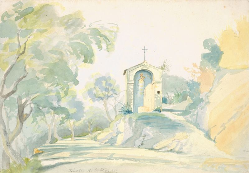 A Roadside Chapel near Tivoli by August Lucas, oil painting depicting a serene chapel in a natural landscape.