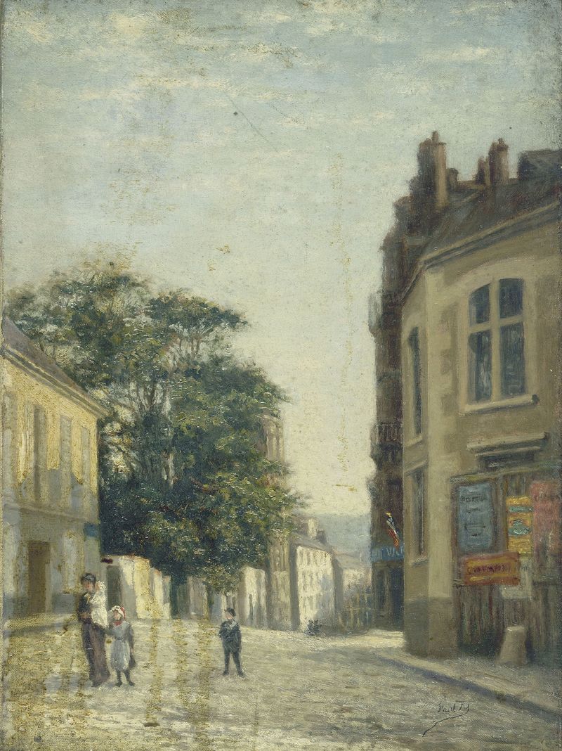 Escena de género que representa una calle con tonos ocre y tierra de Paul Martellière.