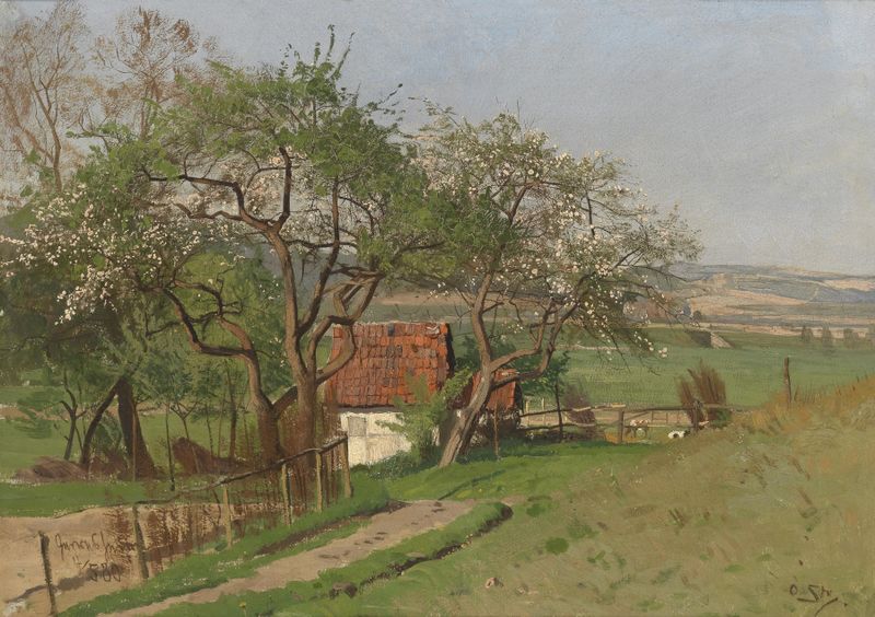 Frühlinglandschaft by Otto Strützel, oil on canvas, depicting gentle hills under a pastel sky.