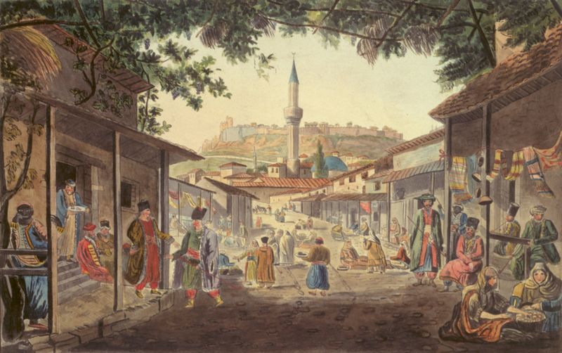 The Bazaar at Athens de Dodwell Edward, cena de gênero, pintura a óleo, figuras em um mercado vibrante