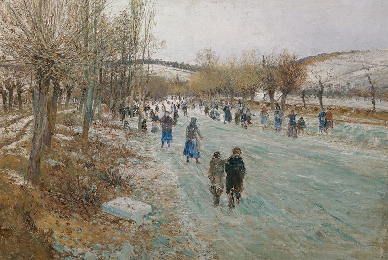 Genre scene of ice skating on the Thaya River by Theodor Von Hörmann, 1893, oil painting