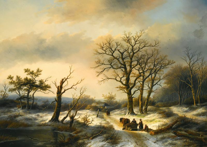 Wood Gatherers On A Snowy Path by Jan Jacob Coenraad Spohler, realism, depicts figures gathering wood in snow.