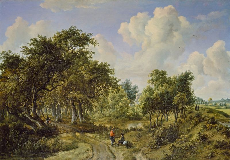 A Wooded Landscape by Meindert Hobbema, oil painting of a lush forest and tranquil brook.