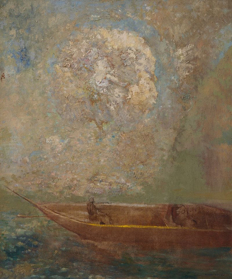 La Barque by Odilon Redon, oil on canvas depicting a boat on calm water