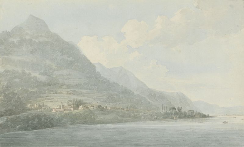 View on the Lake, Como de John Webber, óleo sobre lienzo que representa un lago tranquilo y montañas.