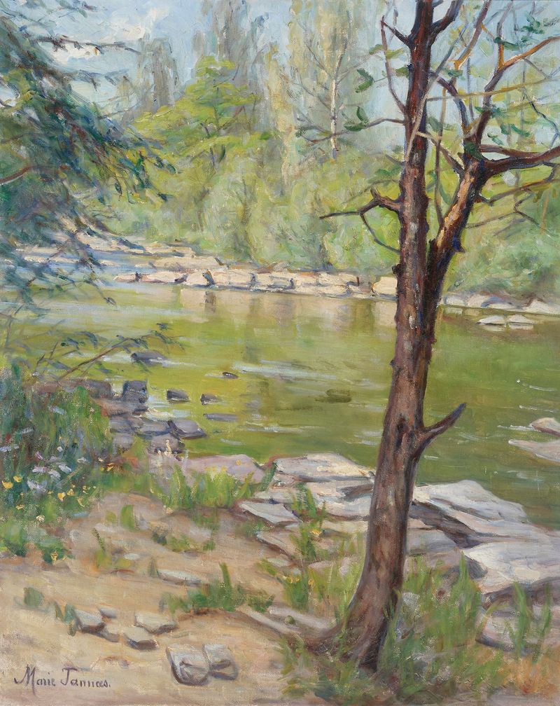 Pintura al óleo de paisaje de Marie Tannaes que representa un arroyo sereno con suaves matices