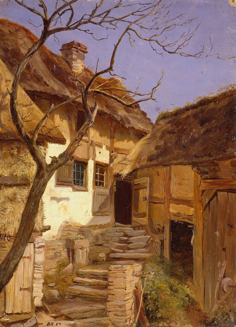 Old German Farm de Adolph Tidemand, pintura a óleo de uma casa de campo com telhado de palha na luz dourada.