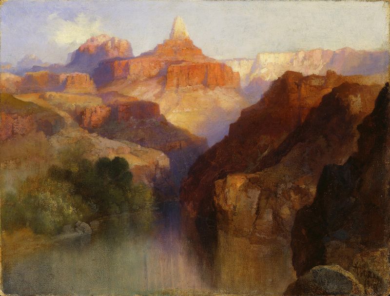 Zoroaster Peak, pintura a óleo de Thomas Moran, apresenta uma paisagem montanhosa com penhascos dramáticos e um céu azul.