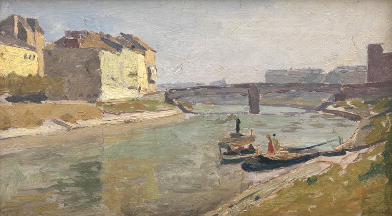 Paisagem do Canal do Danúbio com Ferdinandsbrücke, óleo sobre tela de Maximilian Suppantschitsch