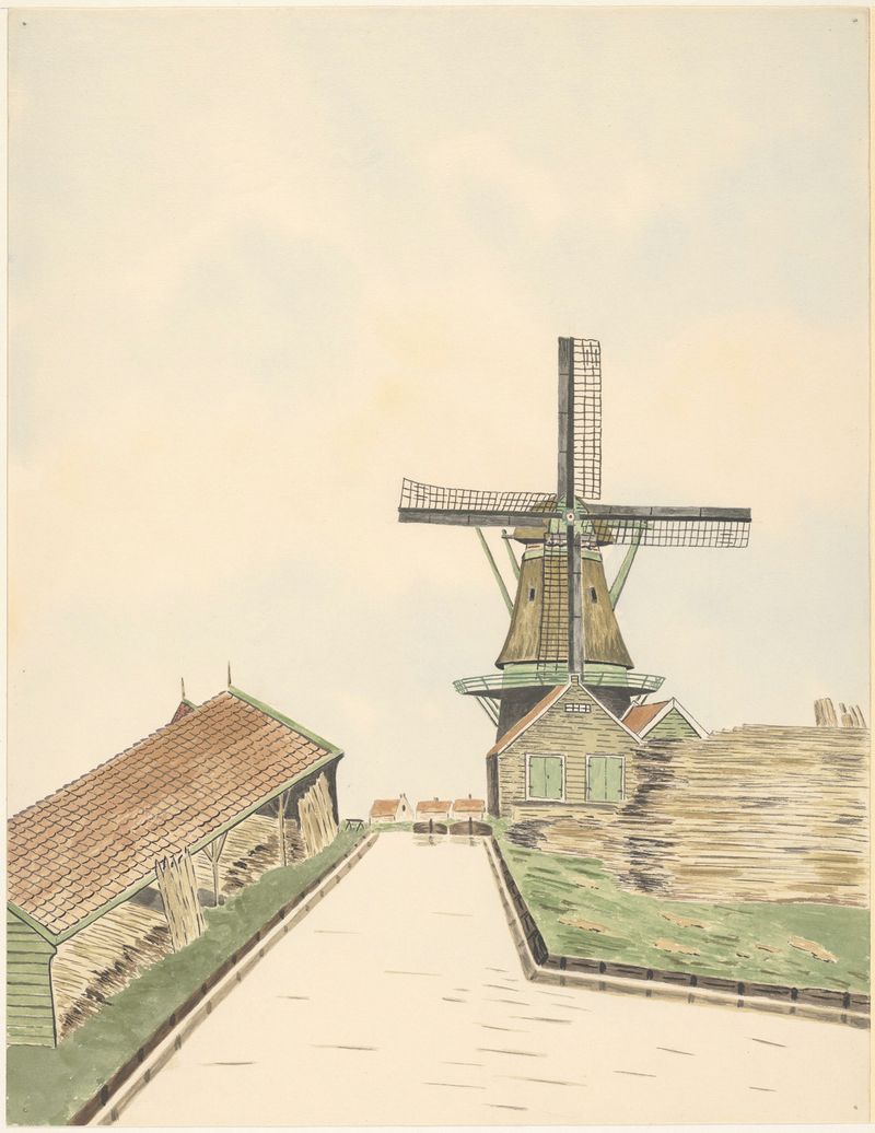 Houtzaagmolen Het Klaverblad de Johannes Nicolaas Eijman, pintura a óleo de um moinho em uma paisagem rural.