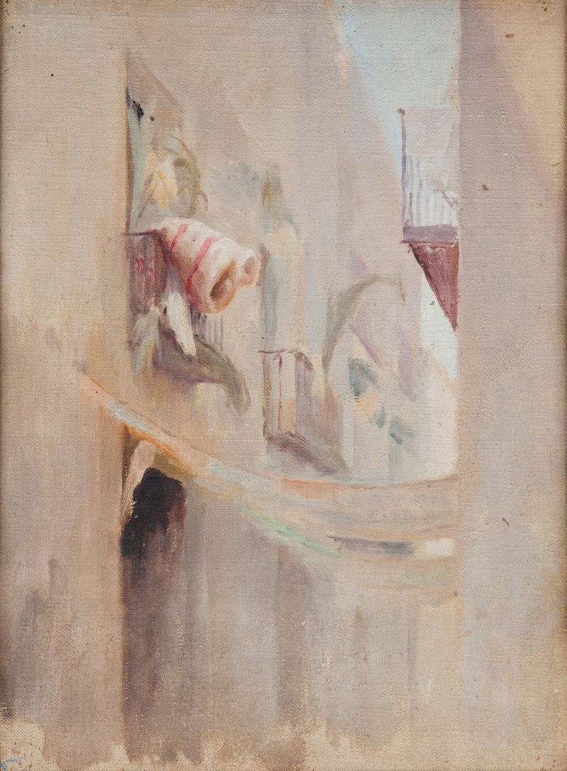 Paisagem de Espanha (Elche) de Jan Ciągliński, pintura a óleo com telhados de terracota e luz solar.