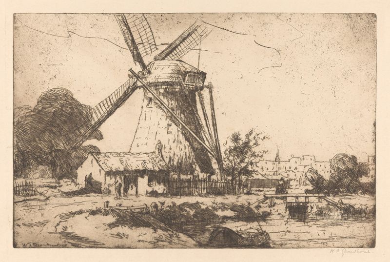 Molen bij Den Haag de Willem Adrianus Grondhout, óleo sobre tela que retrata um moinho sob um céu nublado.