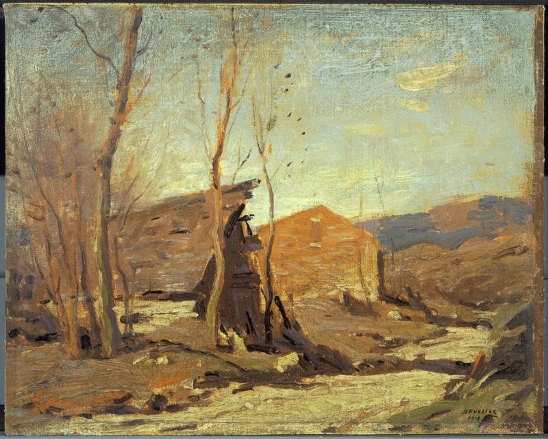 Tarde de Otoño Tardío de George M. Bruestle, impresionismo, representando hojas de otoño y luz dorada.