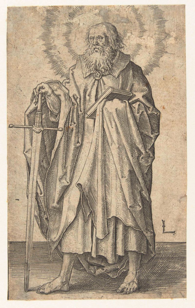 Grabado de De apostel Paulus de Lucas van Leyden, que representa al apóstol Pablo en colores vibrantes.