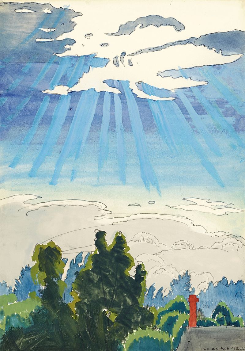 Sunlight after the Rain de Charles Ephraim Burchfield, pintura al óleo que muestra la luz del sol después de la lluvia.