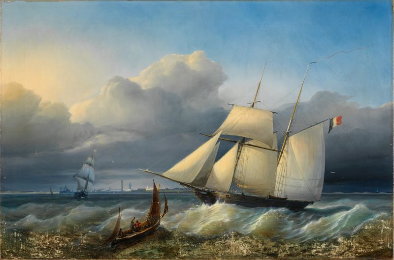Seascape with sails and a ship by Paul Jean Clays, oil on canvas