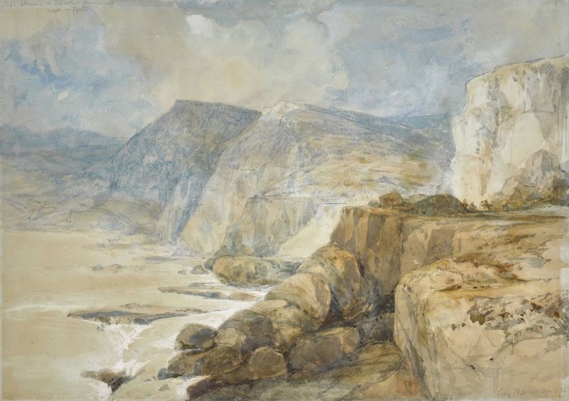 Cape Blanco, Líbano de David Roberts, óleo sobre tela representando falésias e mar azul