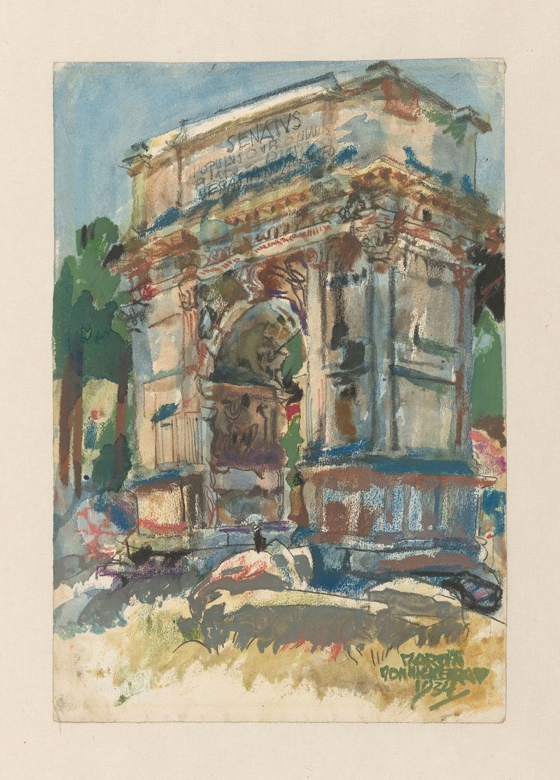 Oil on canvas by Martin Monnickendam depicting the arch of Titus against a landscape.