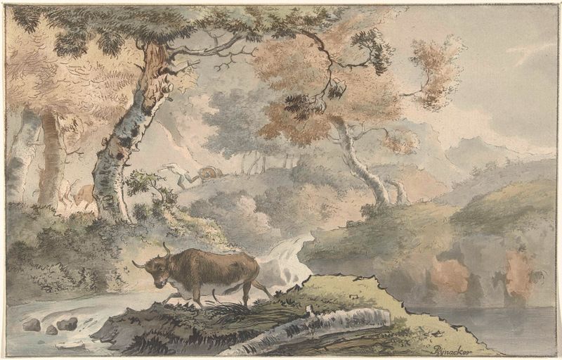 Landscape aquatint by Christiaan Josi featuring a bull resting in verdant fields.